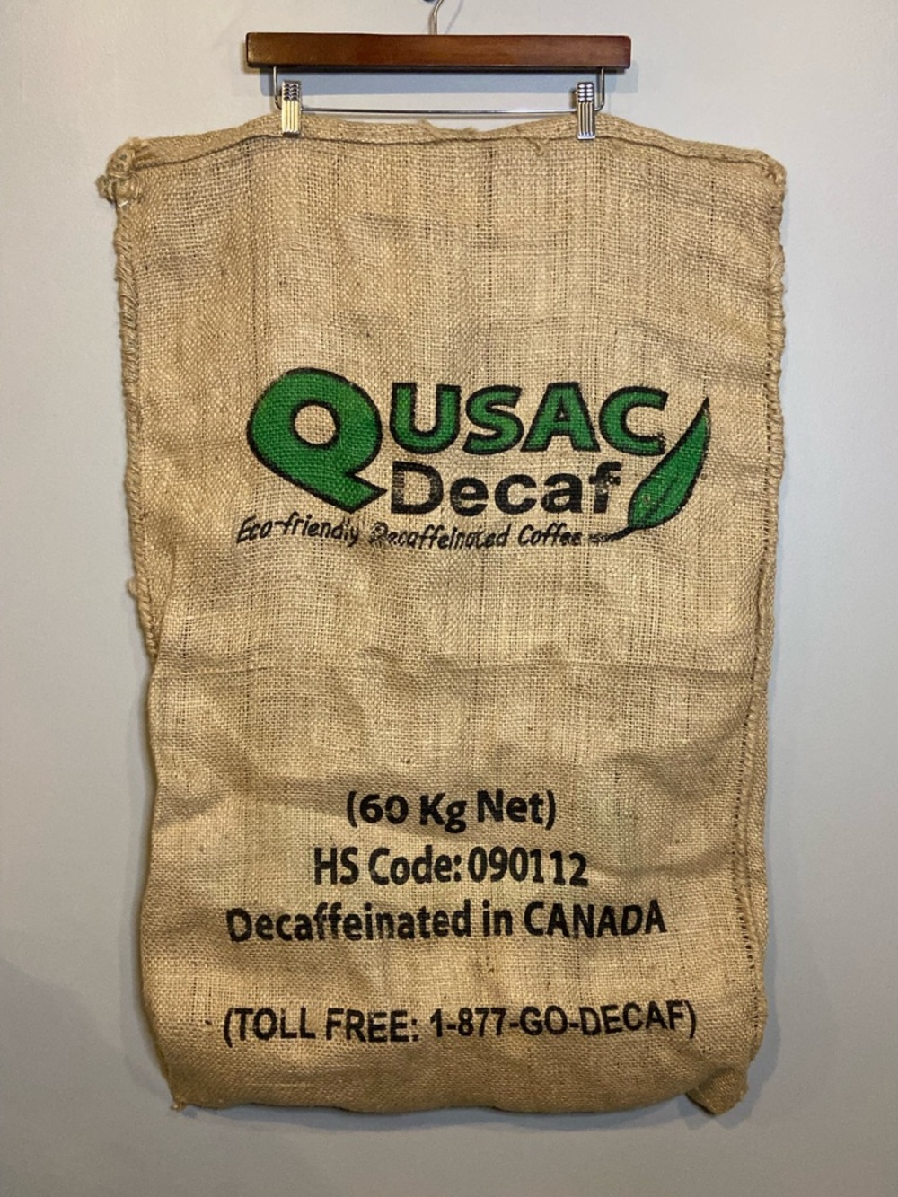 Qusac Decaf Coffee Burlap Sack / Large Jute Bag / Rustic Decor Vintage